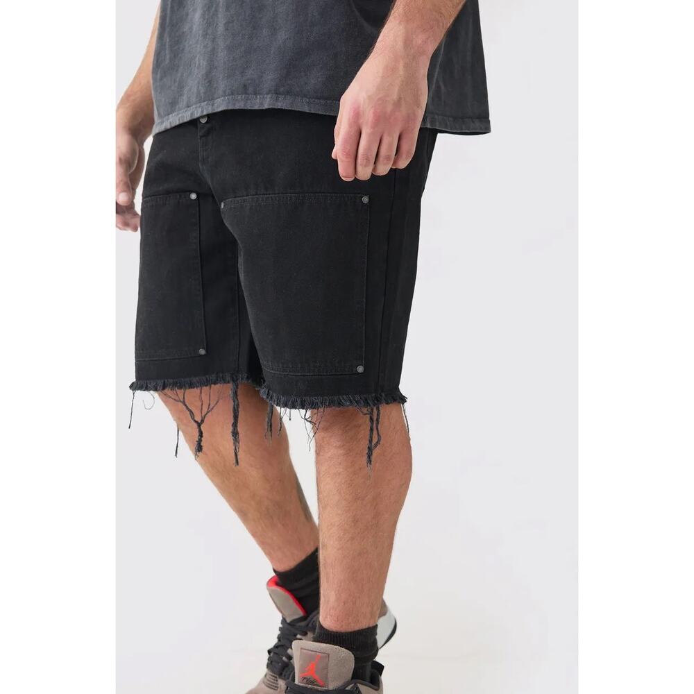 boohooMAN Plus‎ Black Carpenter Shorts Men’s 40 Relaxed Fit Washed Cotton Twill